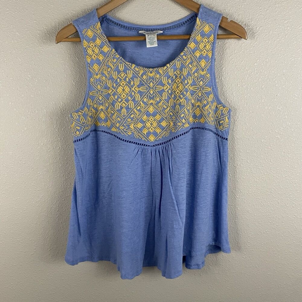 Sundance Womens S Blue 100% Linen Yellow Embroidered Sleeveless Blouse